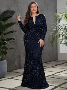 YISIKADO Vestido de noche formal panel con malla bajo sirena con lentejuelas - Azul Marino - Ver 1