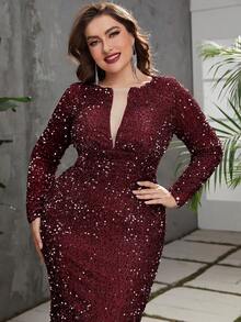 YISIKADO Plus Sheer Mesh Insert Sequin Floor Formal Evening Gown - Burgundy - View 3