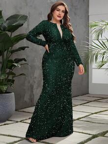 YISIKADO Vestido de noche de fiesta de malla transparente con lentejuelas piso - Verde Oscuro - Ver 4