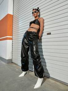 Drawstring Waist Slant Pocket PU Leather Cargo Parachute Trousers - Black - View 5