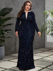 YISIKADO Vestido de noche formal panel con malla bajo sirena con lentejuelas - Azul Marino - Ver 3