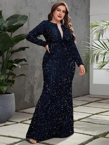 YISIKADO Vestido de noche formal panel con malla bajo sirena con lentejuelas - Azul Marino - Ver 4