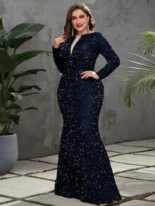 YISIKADO Vestido de noche formal panel con malla bajo sirena con lentejuelas - Azul Marino - Ver 5
