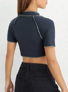 SHEIN EZwear 頂針下擺開叉插肩袖短款T恤 - 深灰色 - 查看 2
