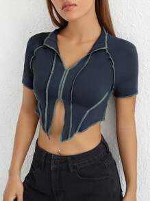 SHEIN EZwear 頂針下擺開叉插肩袖短款T恤 - 深灰色 - 查看 6