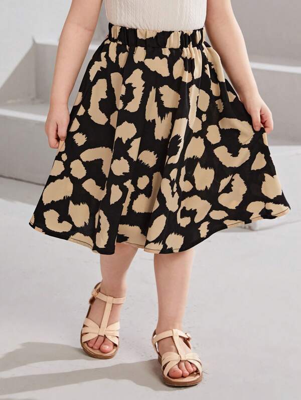 SHEIN Young Girl's Versatile Retro Leopard Print Elastic Waist Flared Skirt For Summer