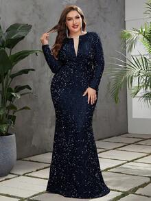 YISIKADO Vestido de noche formal panel con malla bajo sirena con lentejuelas - Azul Marino - Ver 6