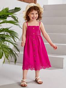 SHEIN Đầm bé gái Cắt ra viền lá sen Sò điệp Dải chun Nút phía trước màu trơn Boho - Màu Hồng Tươi - Xem 2