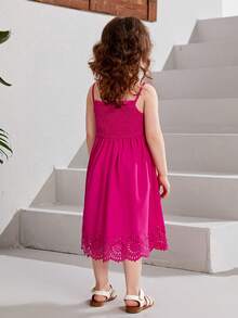 SHEIN Đầm bé gái Cắt ra viền lá sen Sò điệp Dải chun Nút phía trước màu trơn Boho - Màu Hồng Tươi - Xem 3