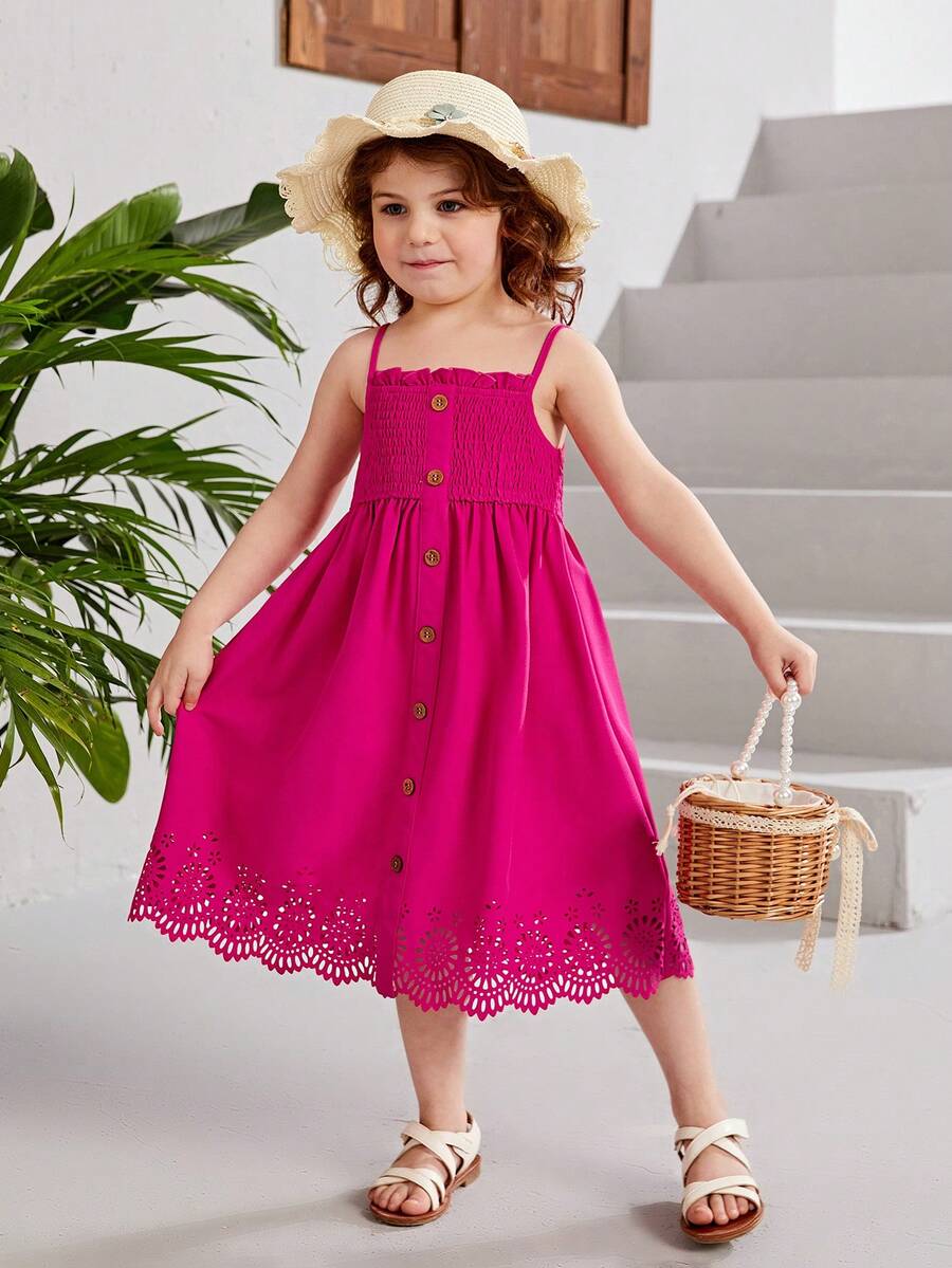 SHEIN Đầm bé gái Cắt ra viền lá sen Sò điệp Dải chun Nút phía trước màu trơn Boho - Màu Hồng Tươi - Xem 1