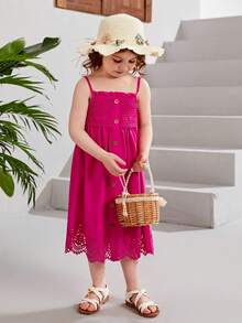 SHEIN Đầm bé gái Cắt ra viền lá sen Sò điệp Dải chun Nút phía trước màu trơn Boho - Màu Hồng Tươi - Xem 5