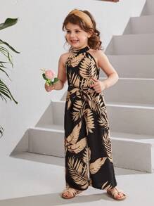 Travachic KIDS 年輕女孩熱帶印花腰帶露背連身褲