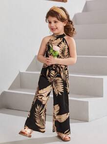 Travachic KIDS 年輕女孩熱帶印花腰帶露背連身褲