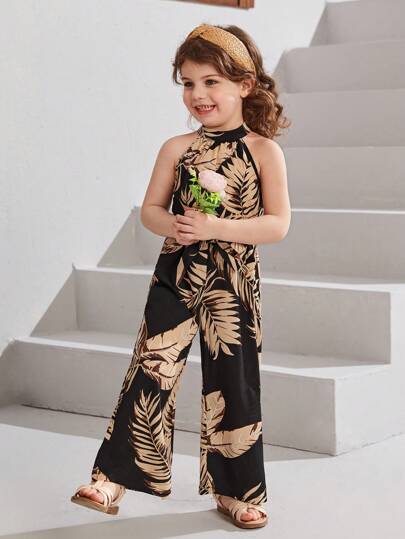 Travachic KIDS 年輕女孩熱帶印花腰帶露背連身褲