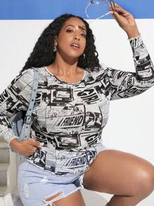 SHEIN CURVE+ 大碼波普藝術圖案網紗上衣 - 黑與白 - 查看 6