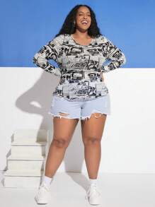 SHEIN CURVE+ 大碼波普藝術圖案網紗上衣 - 黑與白 - 查看 3