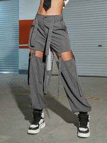 Street Solid Cut Out Buckle Detail Cargo Pants - Grey - View 1