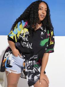 SHEIN CURVE+ Talla grande Camisa con estampado de letra y figura de hombros caídos - Multicolor - Ver 4