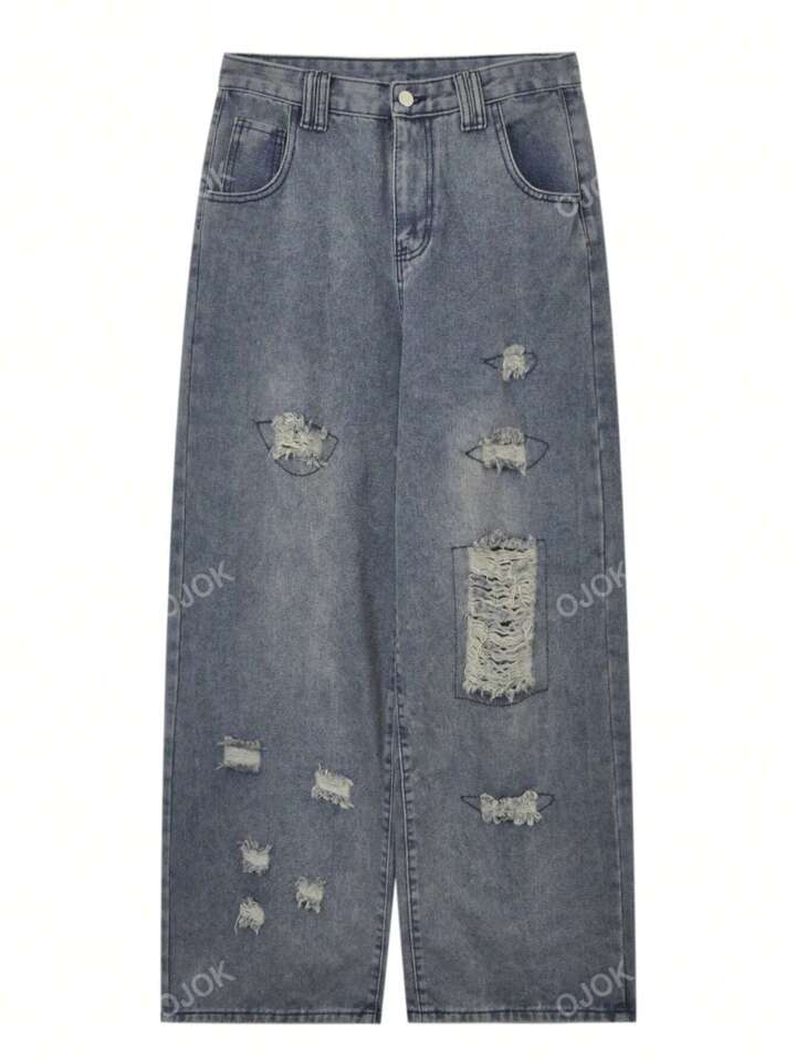 ウォッシュド ダメージワイドレッグジーンズ | SHEIN JAPAN