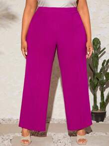 SHEIN CURVE+ 大碼素色闊腿褲 - 玫紅色 - 查看 1