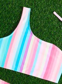 Conjunto de bikini de un hombro a rayas para niña preadolescente, uso en playa de verano - Multicolor - Ver 3