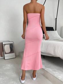 SHEIN EZwear 素色魚尾裙下擺抹胸緊身洋裝 - 粉色 - 查看 2