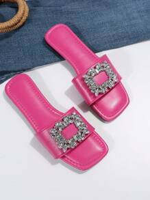 Rhinestone Strap Fairy Style Slide Slippers, Fashionable New Korean Version Versatile Casual Slippers For Dating, Party, Shopping, Work Use - Hot Pink - View 4