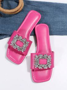 Rhinestone Strap Fairy Style Slide Slippers, Fashionable New Korean Version Versatile Casual Slippers For Dating, Party, Shopping, Work Use - Hot Pink - View 5