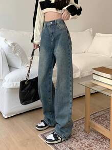 Solid High Waist Wide Leg Jeans - Medium Wash - View 1