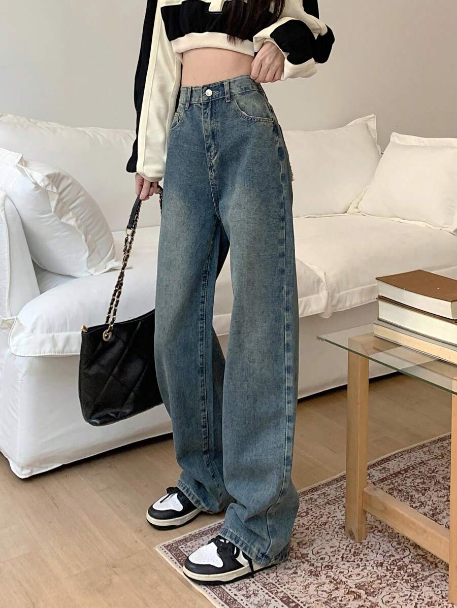 Solid High Waist Wide Leg Jeans - Medium Wash - View 1
