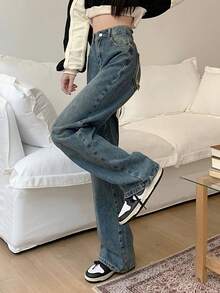 Solid High Waist Wide Leg Jeans - Medium Wash - View 4