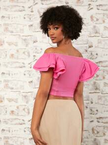 SHEINNeu 一字肩抽繩前收褶短款T恤 - 粉色 - 查看 2