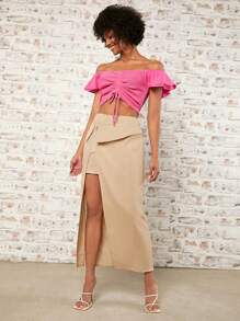 SHEINNeu 一字肩抽繩前收褶短款T恤 - 粉色 - 查看 4