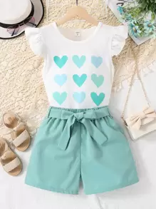 SHEIN Tween Girl Heart Print Ruffle Trim Tee & Belted Shorts - Mint Green - View 1