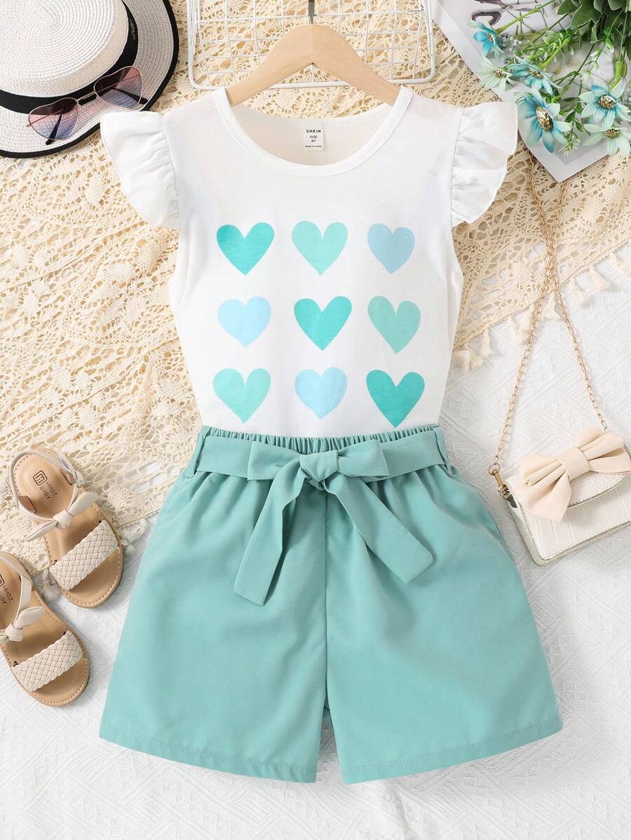 SHEIN Tween Girl Heart Print Ruffle Trim Tee & Belted Shorts - Mint Green - View 1