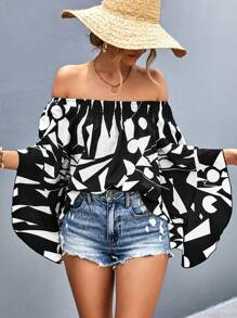 SHEIN VCAY Geo Print Off Shoulder Flounce Sleeve Blouse - Black and White - View 1