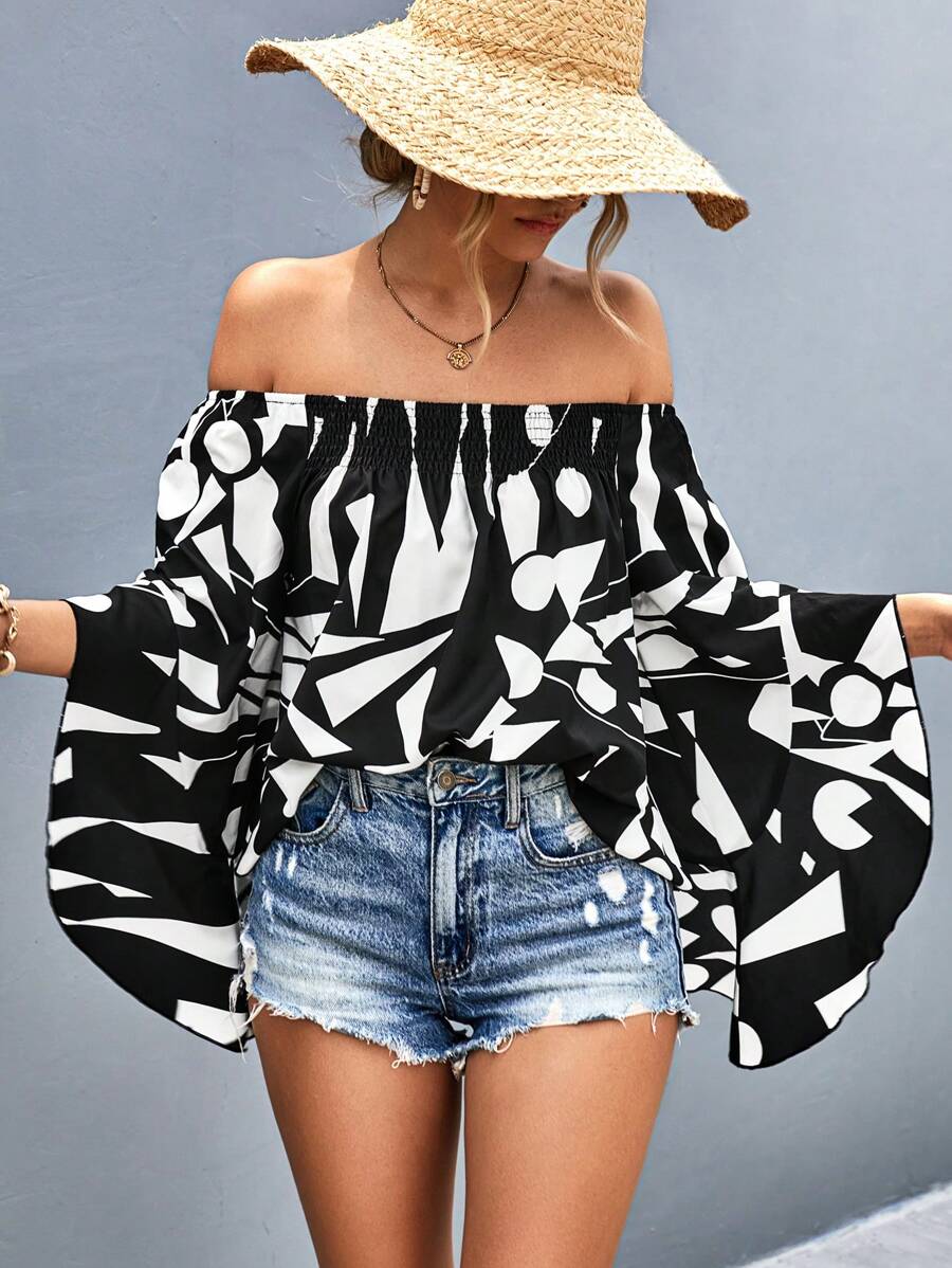 SHEIN VCAY Geo Print Off Shoulder Flounce Sleeve Blouse - Black and White - View 1
