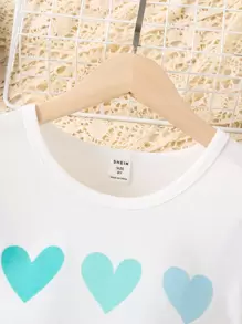 SHEIN Tween Girl Heart Print Ruffle Trim Tee & Belted Shorts - Mint Green - View 3