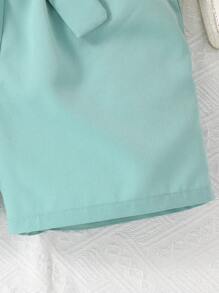 SHEIN Tween Girl Heart Print Ruffle Trim Tee & Belted Shorts - Mint Green - View 5