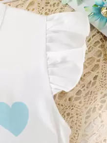 SHEIN Tween Girl Heart Print Ruffle Trim Tee & Belted Shorts - Mint Green - View 6