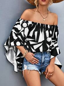 SHEIN VCAY Geo Print Off Shoulder Flounce Sleeve Blouse - Black and White - View 5