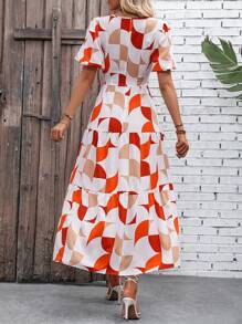 SHEIN VCAY Geo Print Puff Sleeve Ruffle Hem Dress - Multicolor - View 2