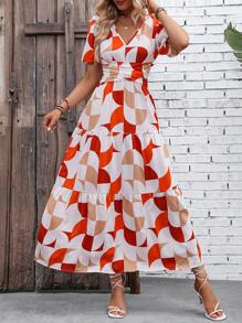 SHEIN VCAY Geo Print Puff Sleeve Ruffle Hem Dress - Multicolor - View 4