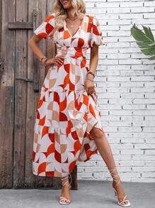 SHEIN VCAY Geo Print Puff Sleeve Ruffle Hem Dress - Multicolor - View 6