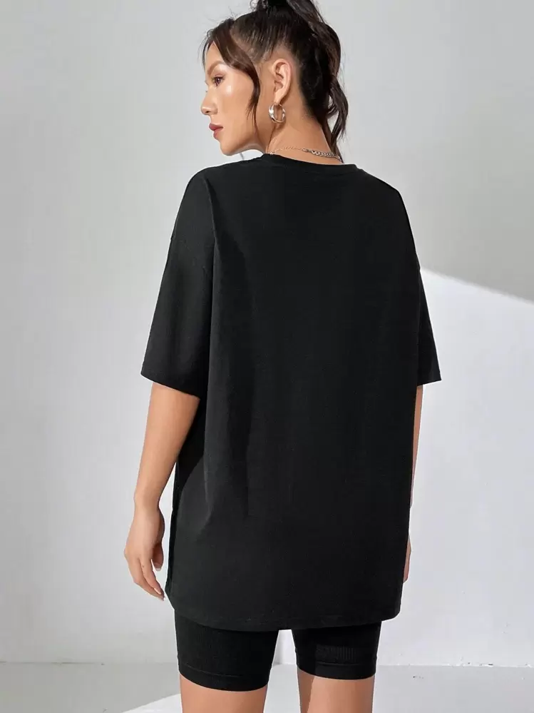 SHEIN EZwear Skull & Slogan Graphic Drop Shoulder Oversized Tee - Black - View 2