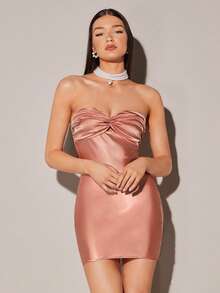 SHEIN BAE Đầm Lộ Lưng xoắn lại Dây kéo màu trơn Gợi cảm - Bụi hồng - Xem 7