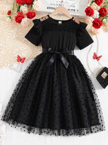 SHEIN Tween Girl Contrast Dobby Mesh Ruffle Trim Belted Dress - Black - View 1
