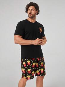 Hombres Conjunto de pijama shorts con camiseta con estampado de alimento - Negro - Ver 5