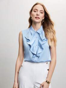 MOTF PREMIUM 無袖荷葉邊前排扣上衣 - 淺藍色 - 查看 4