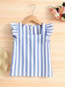 SHEIN Chicas Blusa con estampado de rayas ribete con fruncido de cuello cuadrado